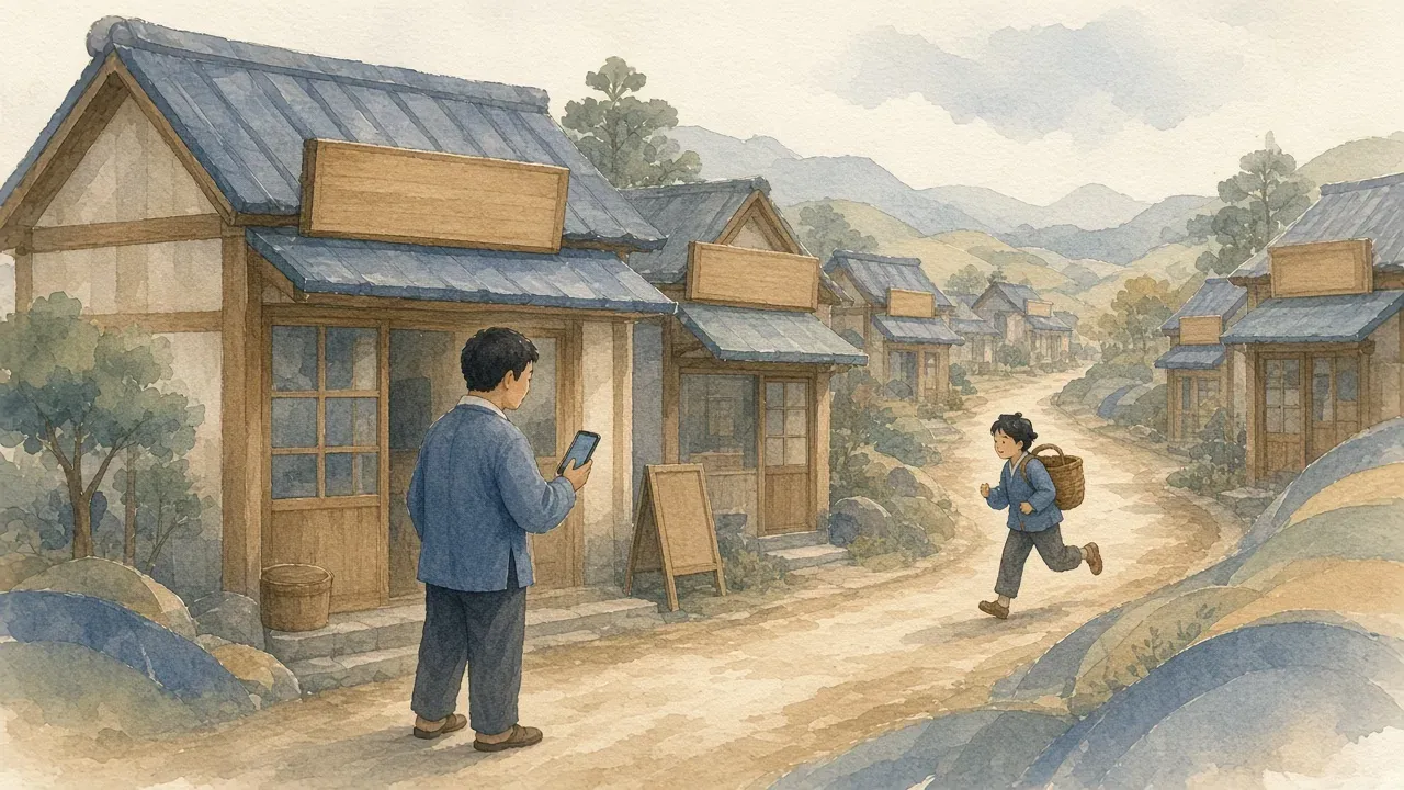 가게 사장님이 휴대폰으로 일을 맡기고, 화면 속 작은 심부름꾼이 여러 가게를 둘러보는 모습