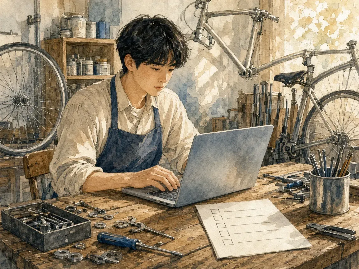 자전거 수리점 사장님이 공구가 놓인 작업대에서 노트북으로 온라인 신청서를 채우고, 옆에 체크리스트 종이가 놓인 모습