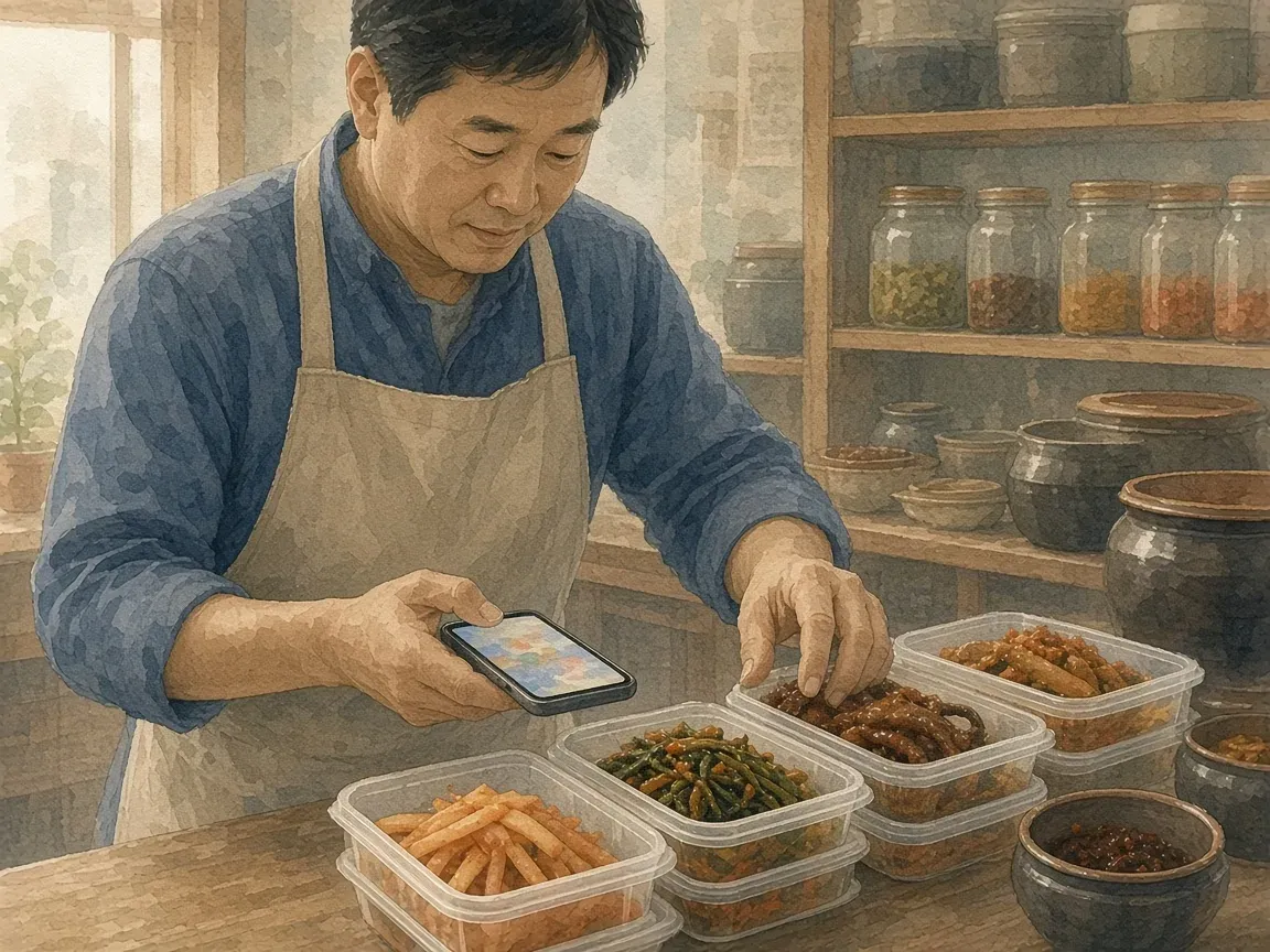 반찬가게 사장님이 포장하다 말고 휴대폰으로 짧게 질문하는 모습