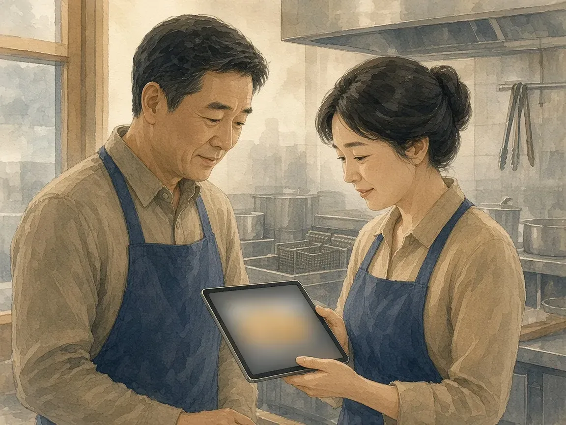 치킨집 부부가 주방 앞에서 태블릿에 띄운 답글 초안을 함께 읽으며 고개를 끄덕이는 모습