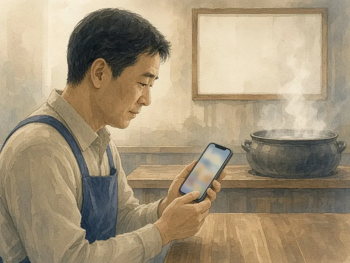 국숫집 사장님이 점심 장사를 마치고 식탁에 앉아 휴대폰으로 가게 정보를 고치는 모습