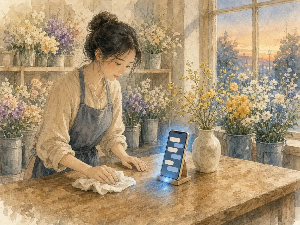 꽃집 사장님이 마감 시간에 계산대를 닦는 동안 화병 옆에 세워 둔 휴대폰에서 채팅 답장이 나가는 모습