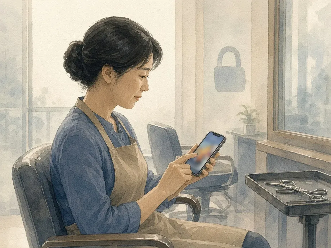 미용실 의자에 앉은 사장님이 차분하게 휴대폰 설정을 바꾸고, 뒤쪽 배경에 작은 자물쇠 모양이 은은하게 보이는 수채화 그림