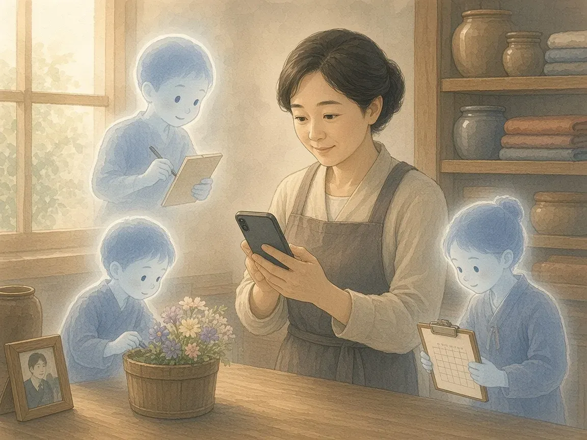앞치마를 두른 가게 사장님이 아침 계산대에서 휴대폰을 보고, 곁에서 푸른빛 도우미들이 안내문 쓰기, 꽃 사진 정리, 예약 달력 챙기기를 돕는 수채화 그림