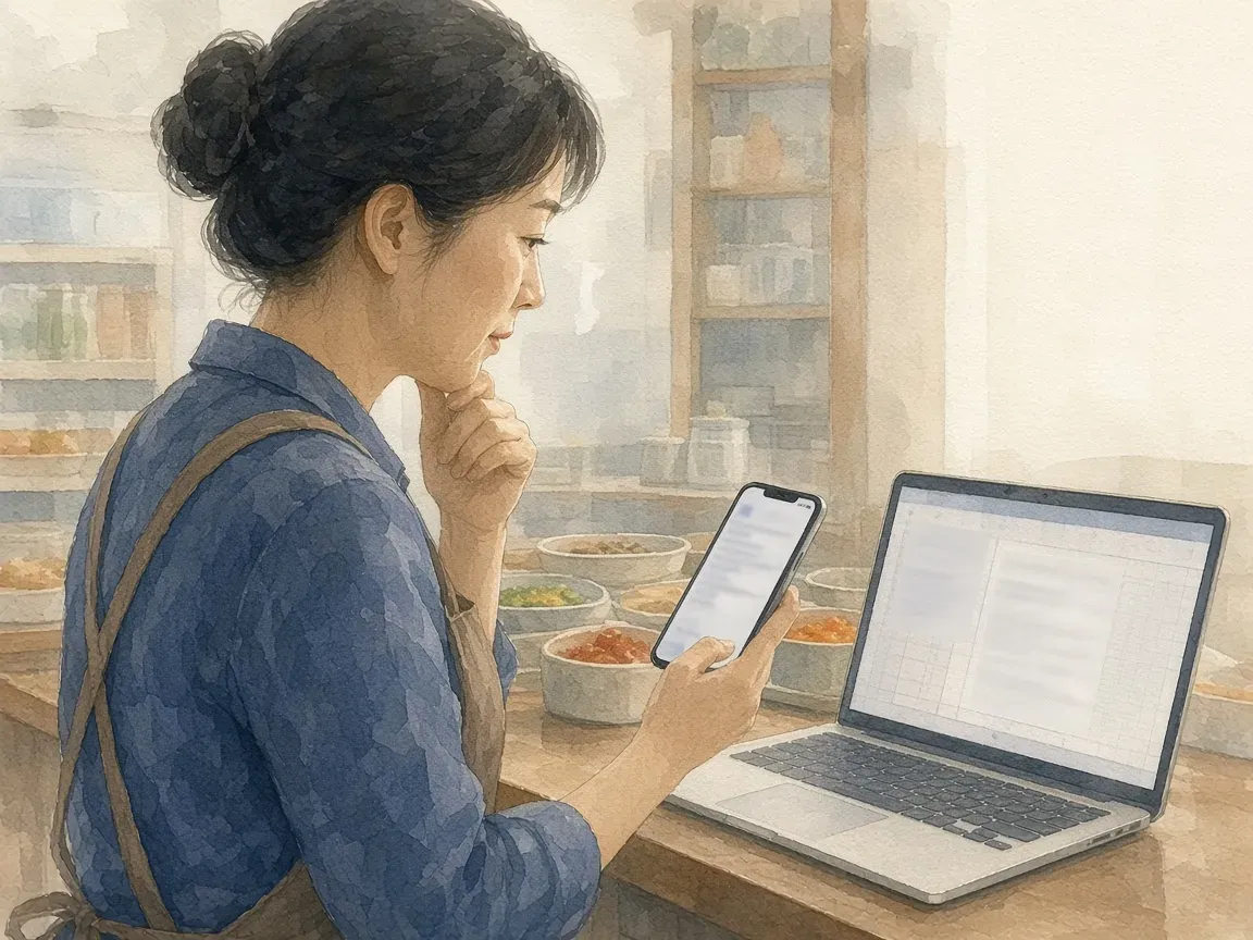 반찬가게 계산대에서 사장님이 한 손에는 휴대폰으로 짧게 대화하고, 옆 노트북에서는 완성된 문서가 만들어지고 있는 수채화 그림