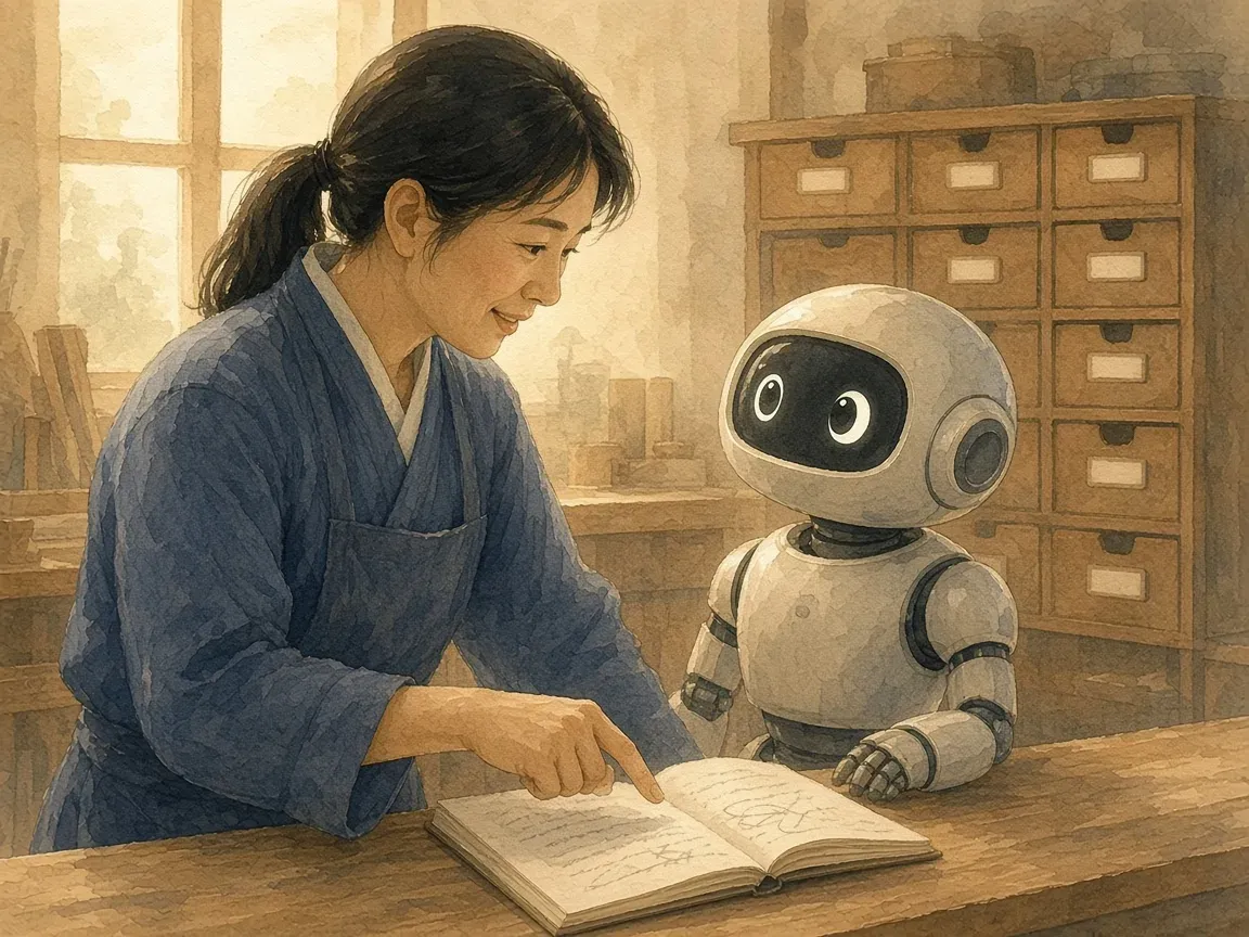 작업대에서 한국인 장인이 작고 친근한 로봇 견습생에게 일을 가르치고, 옆에 이름표 붙은 서랍과 지침 노트가 놓인 수채화 일러스트