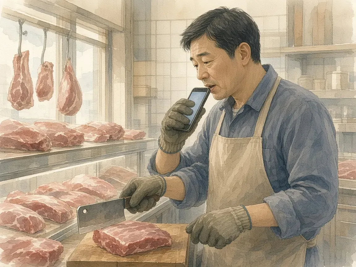 앞치마를 두르고 장갑을 낀 정육점 사장님이 바쁜 진열대 앞에서 한 손에 든 휴대폰에 대고 말하는 수채화 그림