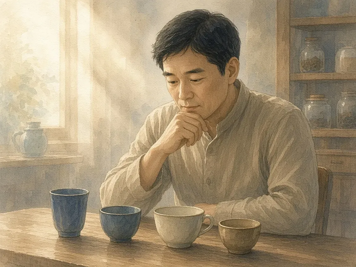 아침 햇살이 드는 나무 테이블 앞에서 가게 사장님이 서로 다른 찻잔 네 개를 바라보며 무엇을 고를지 고민하는 수채화 그림