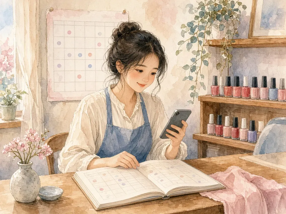 네일숍 사장님이 예약 장부를 펼쳐 놓고 휴대폰으로 손님에게 보낼 안내 문자를 확인하며 미소 짓는 수채화 그림