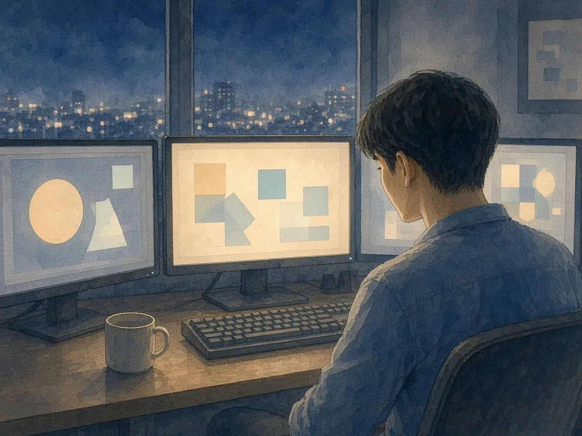밤에 모니터 세 대 앞에 앉은 한국인 개발자가 화면마다 떠 있는 서로 다른 모양의 빛나는 블록을 차분히 바라보는 수채화 일러스트