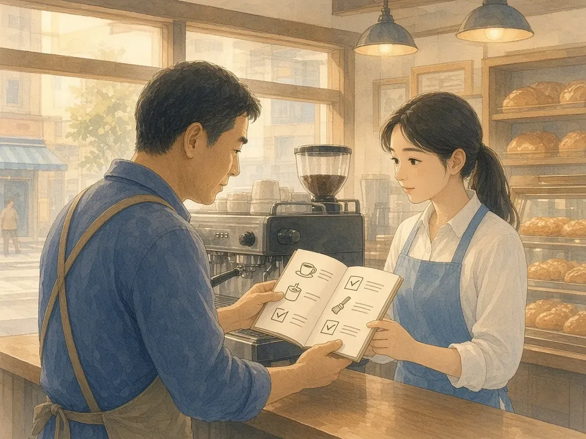 아침 햇살이 드는 베이커리 카페 커피 머신 옆에서 사장님이 새로 온 알바생에게 그림 체크리스트 책자를 펼쳐 보여 주는 수채화 그림