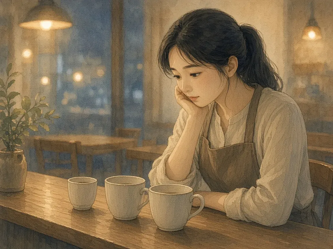 마감 후 카페 카운터에 크기가 다른 커피잔 세 개를 놓고 사장님이 어떤 걸 고를지 생각하는 수채화 그림
