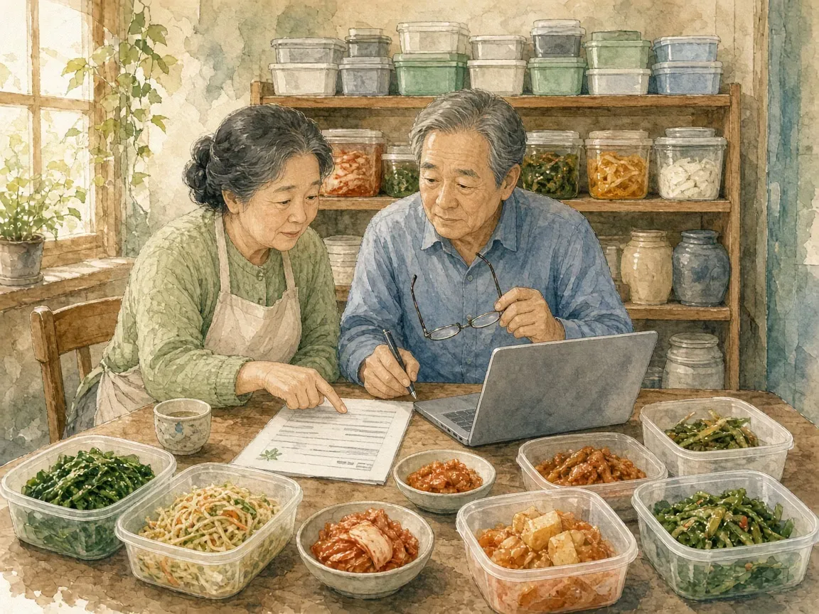 반찬가게 뒤편 테이블에서 노부부 사장님이 노트북과 지원사업 공고문을 함께 보며 계획을 적는 수채화 그림