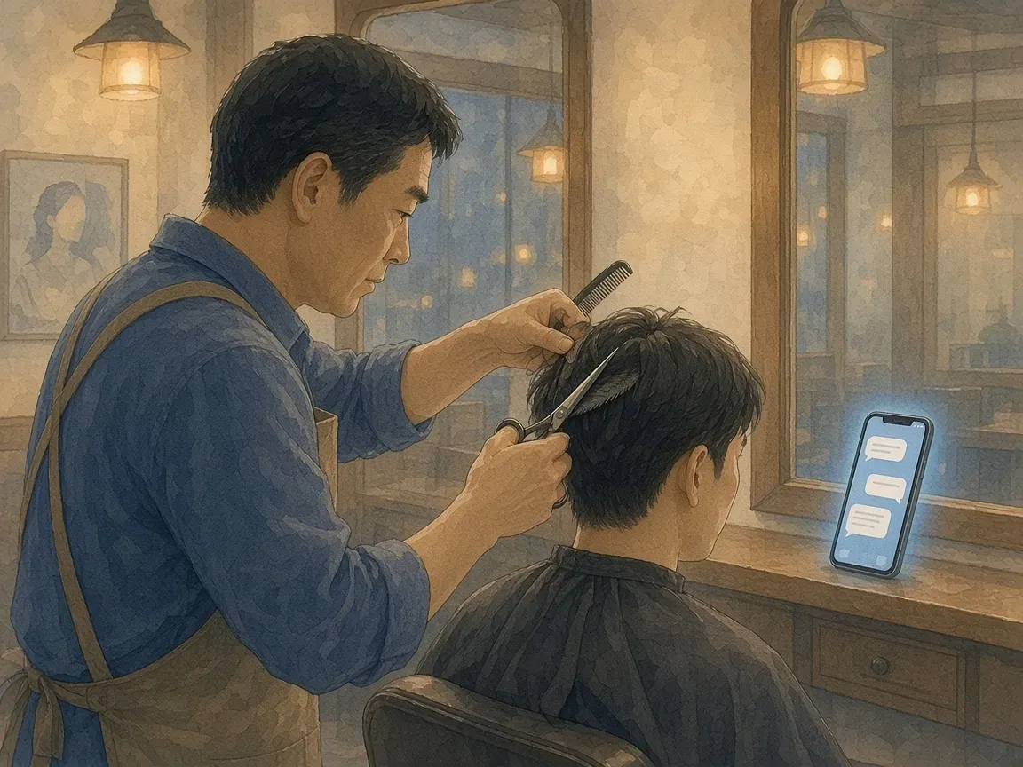 미용실 사장님이 손님 머리를 자르는 동안 선반 위 휴대폰에 채팅 말풍선이 떠 있는 수채화 그림