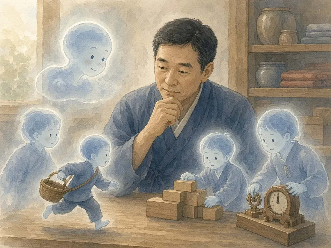 책상에 앉은 가게 사장님 곁에 말풍선, 바구니를 든 심부름꾼, 블록을 쌓는 일꾼, 톱니바퀴 장치 모양의 네 도우미가 부드럽게 그려진 수채화 그림