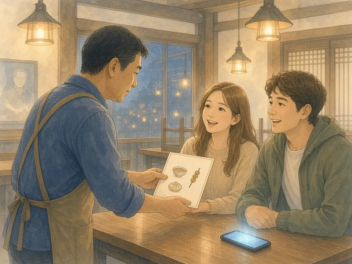 따뜻한 조명의 한식당에서 사장님이 그림이 들어간 메뉴판을 외국인 손님 두 명에게 건네고 손님들이 웃는 수채화 그림