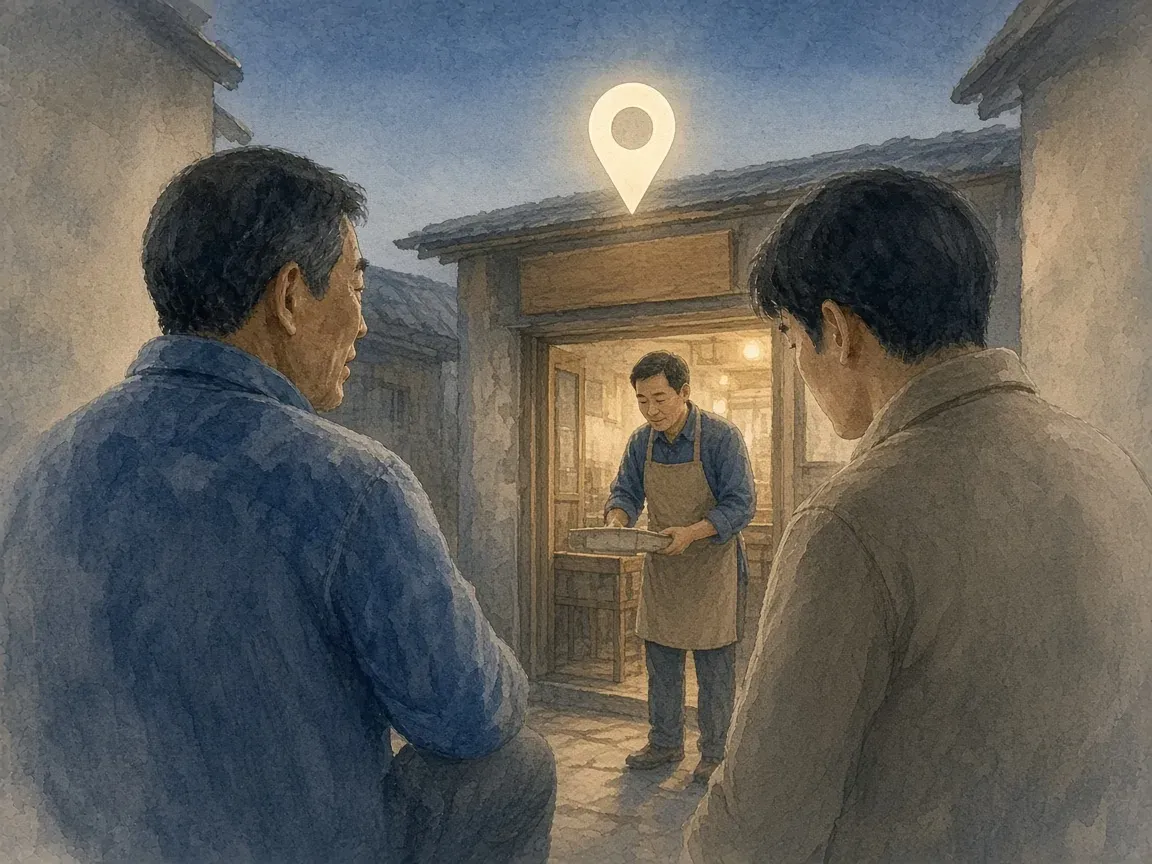 해 질 녘 국숫집 입구에 선 사장님과, 간판 위에 은은하게 빛나며 떠 있는 지도 핀 모양