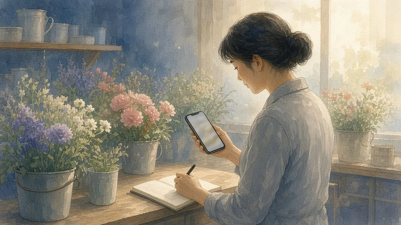 아침 개점 전 꽃집 사장님이 휴대폰으로 무료 AI를 써 보며 노트에 메모하는 모습