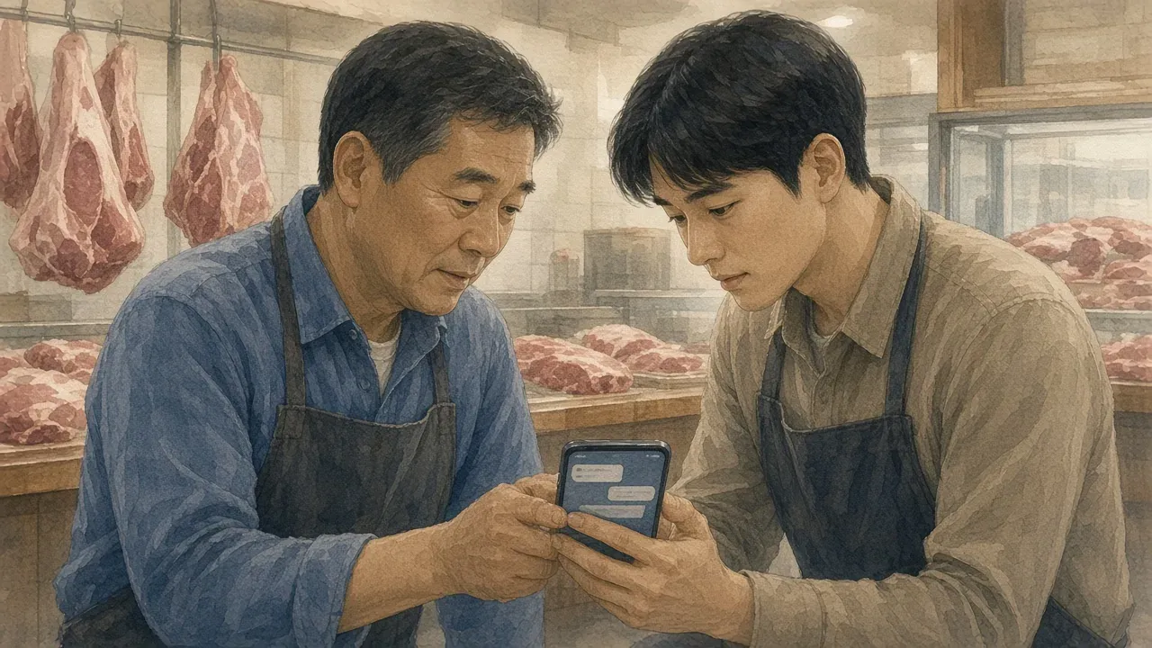 정육점 사장님과 직원이 한가한 틈에 휴대폰 하나를 같이 들여다보는 모습