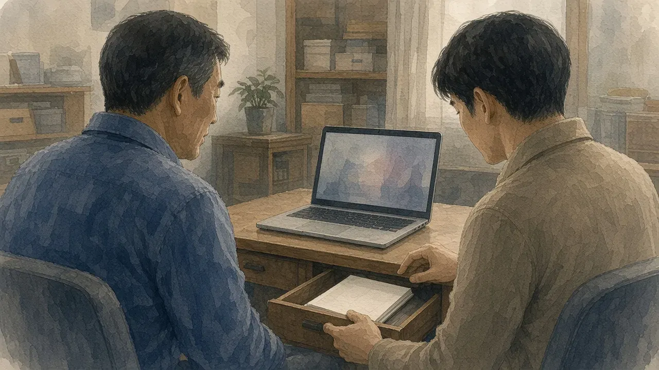 사장님이 손님 연락처가 적힌 수첩은 서랍에 넣어 두고 노트북으로는 메뉴 문구만 다듬는 모습