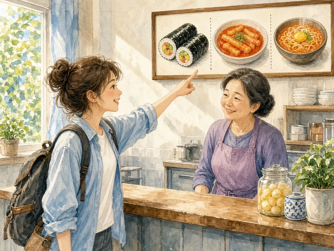 김밥집 계산대에서 배낭을 멘 외국인 손님이 그림으로 된 벽 메뉴판을 가리키고 사장님이 웃으며 고개를 끄덕이는 모습