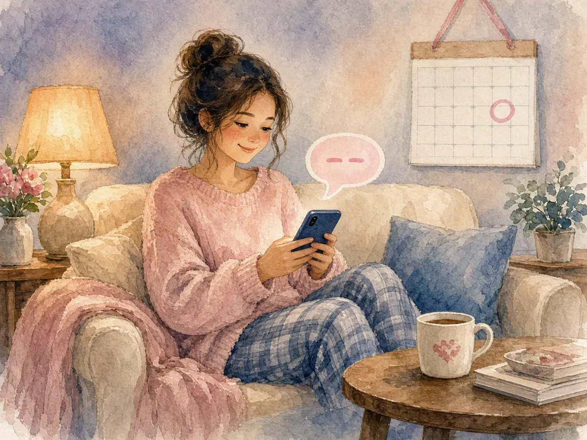 저녁에 집 소파에 앉은 손님이 휴대폰으로 예약 안내 문자를 읽으며 웃고, 벽 달력에 예약한 날이 동그라미 쳐진 모습