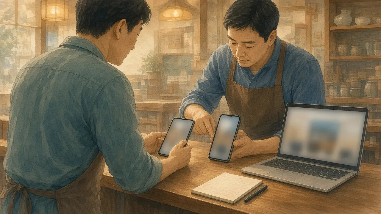 사장님이 계산대에서 휴대폰과 노트북을 나란히 놓고 같은 가게 정보를 맞춰 보는 모습