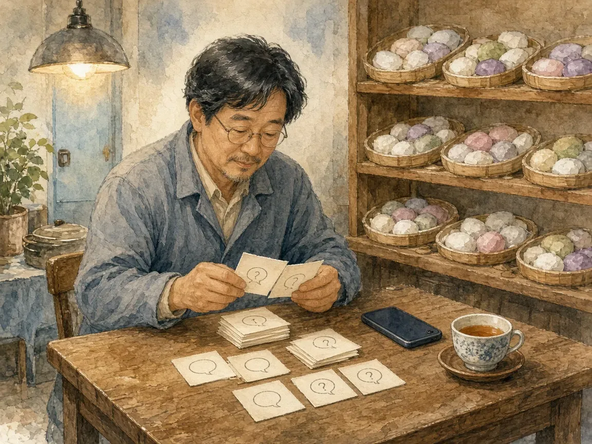 떡집 사장님이 마감 후 테이블에 앉아 물음표 말풍선이 그려진 질문 카드들을 묶음별로 나누는 모습