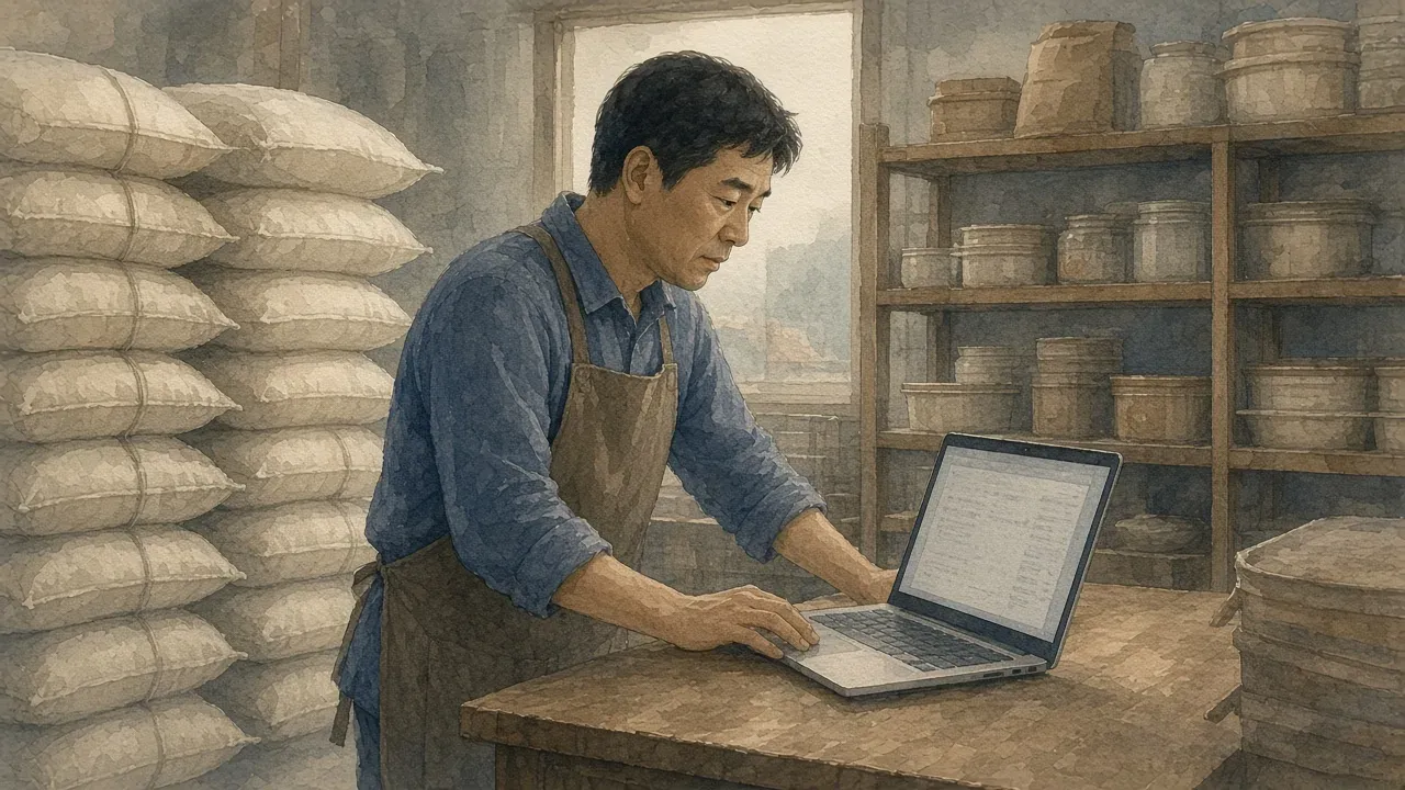 빵집 사장님이 창고에서 밀가루 포대 옆에 서서 노트북 화면의 표를 보는 모습