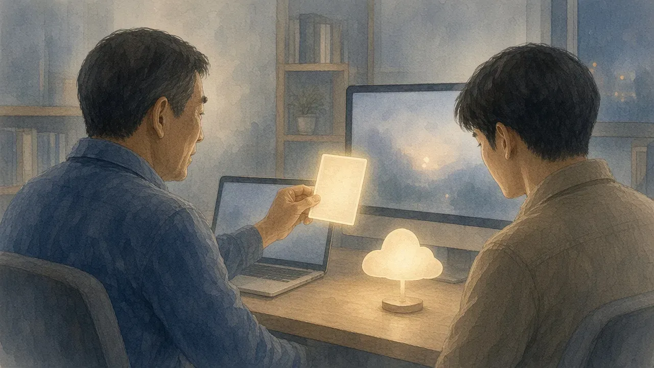 한 개발자가 노트북, 큰 모니터, 책상 위 구름 모양 조명 사이로 빛나는 작업 카드를 옮기는 모습