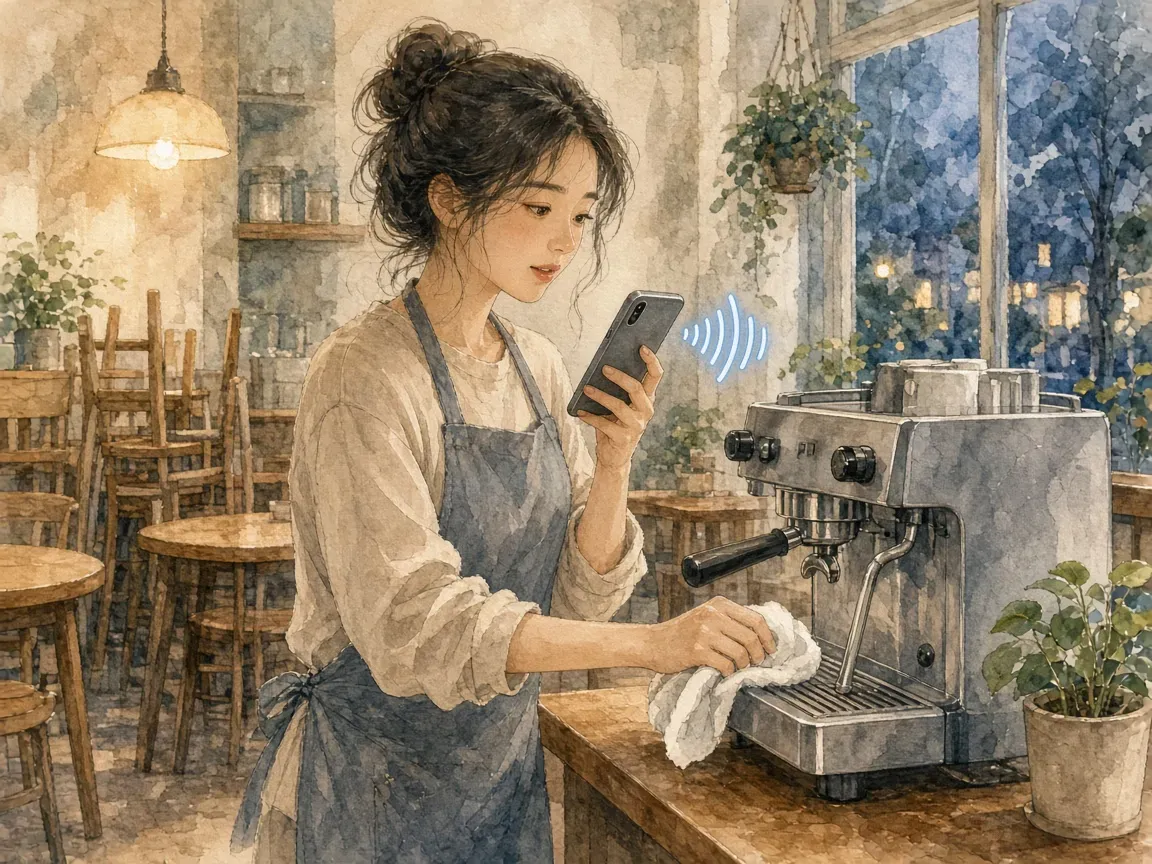 카페 사장님이 마감 시간에 커피 머신을 닦으며 휴대폰에 대고 음성 메모를 남기는 모습