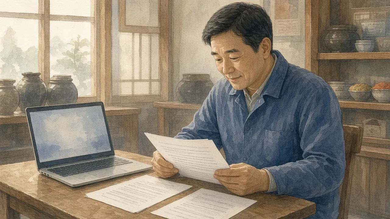 반찬가게 작은 테이블 위 노트북 옆에 인쇄된 가격표와 안내문을 사장님이 살펴보는 모습