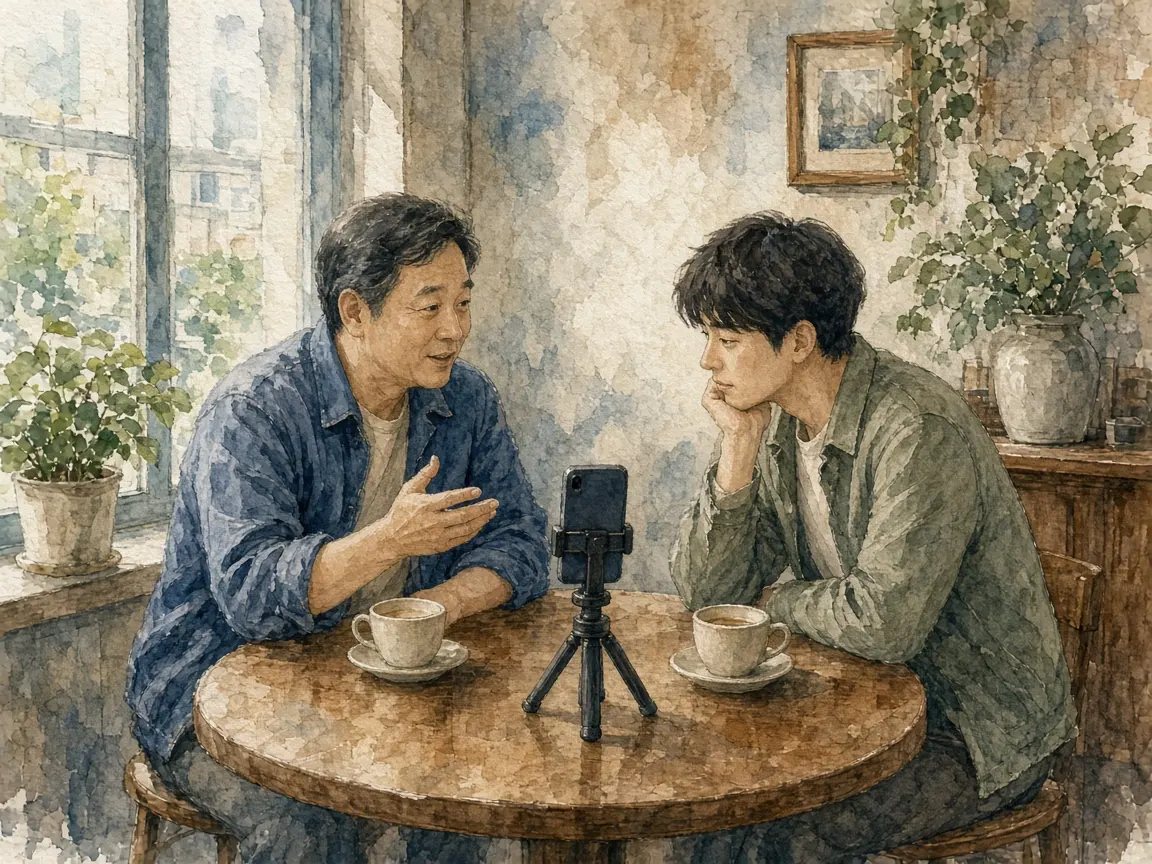 카페에서 사장님 이야기를 휴대폰으로 녹화하며 듣는 팀원 그림